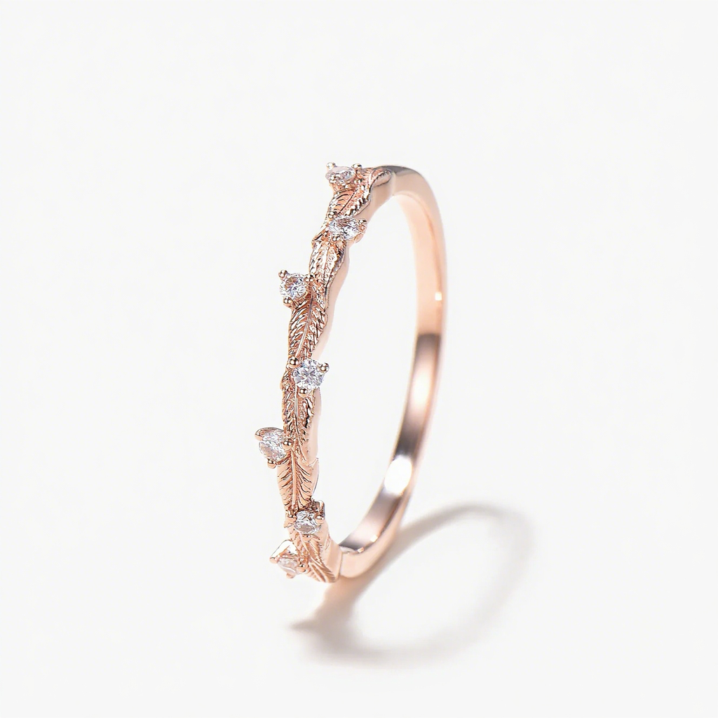 Round Cut Moissanite Leaf Half Eternity Wedding Band
