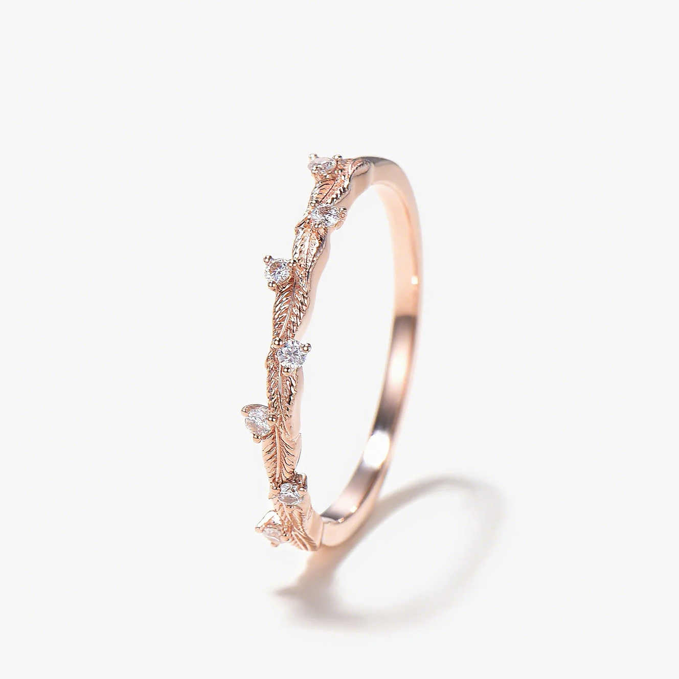 Round Cut Moissanite Leaf Half Eternity Wedding Band