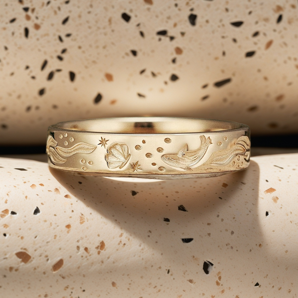 Whale Song 4MM Ocean Whale Inspired Engraving Solid Gold Mens Wedding Band