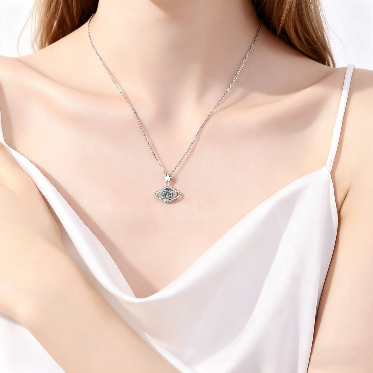 Cosmia - Round Cut Green Moissanite Galaxy Necklace