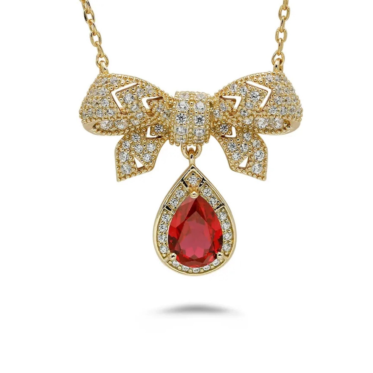 Pear Cut Lab Ruby Elegant Bow Design Necklace