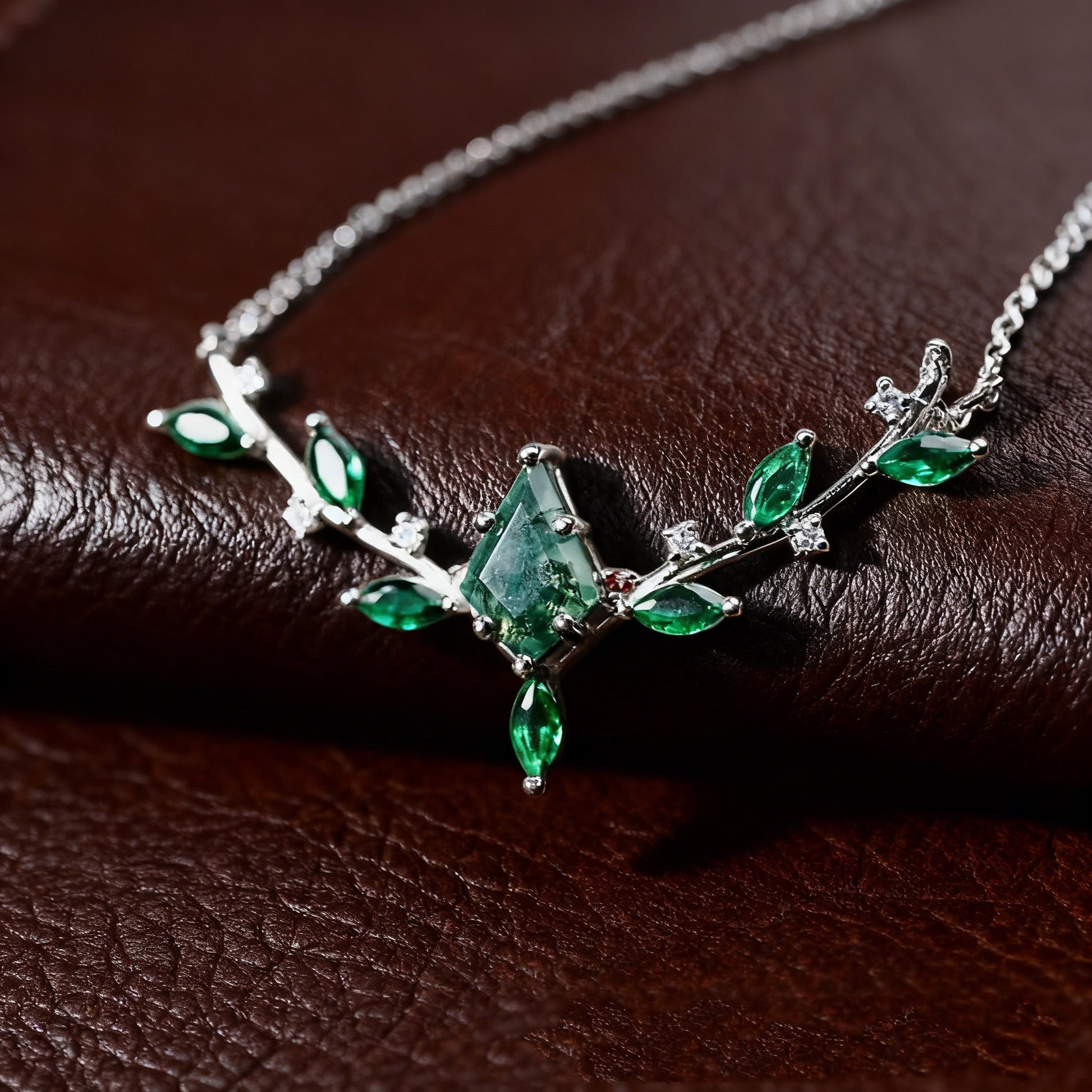 Kite Cut Moss Agate Leaf Cluster Antler Design Necklace - Elara
