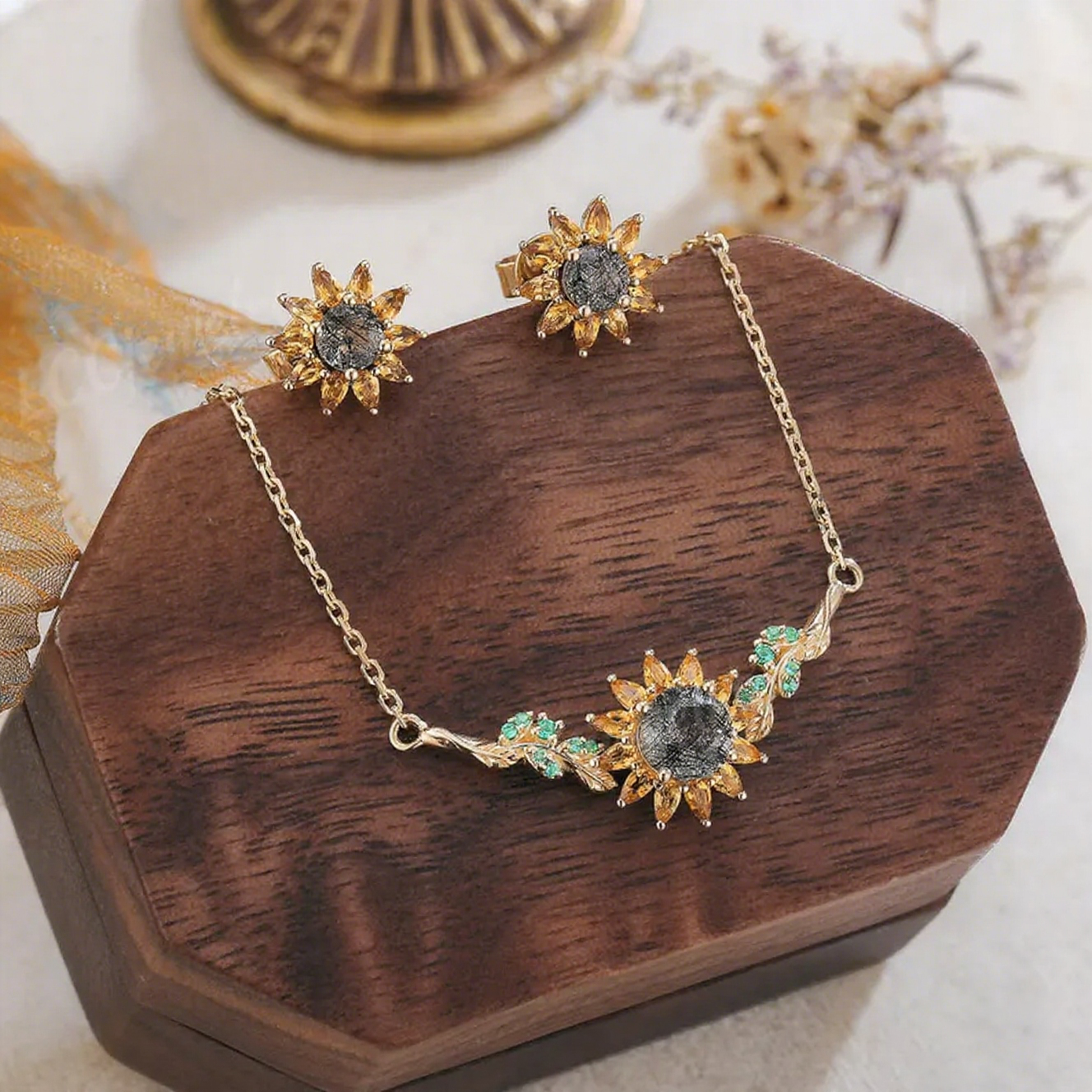 Eleanor Round Cut Black Rutilated Quartz Nature Sunflower Design Necklace