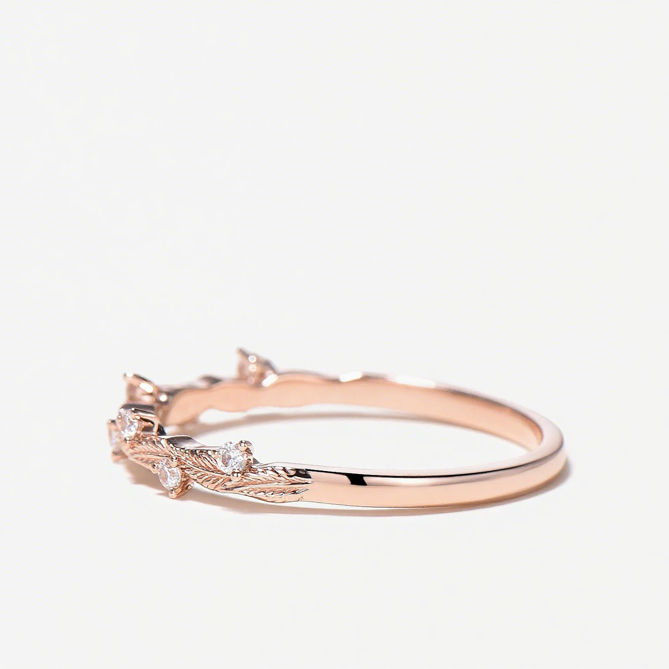 Round Cut Moissanite Leaf Half Eternity Wedding Band