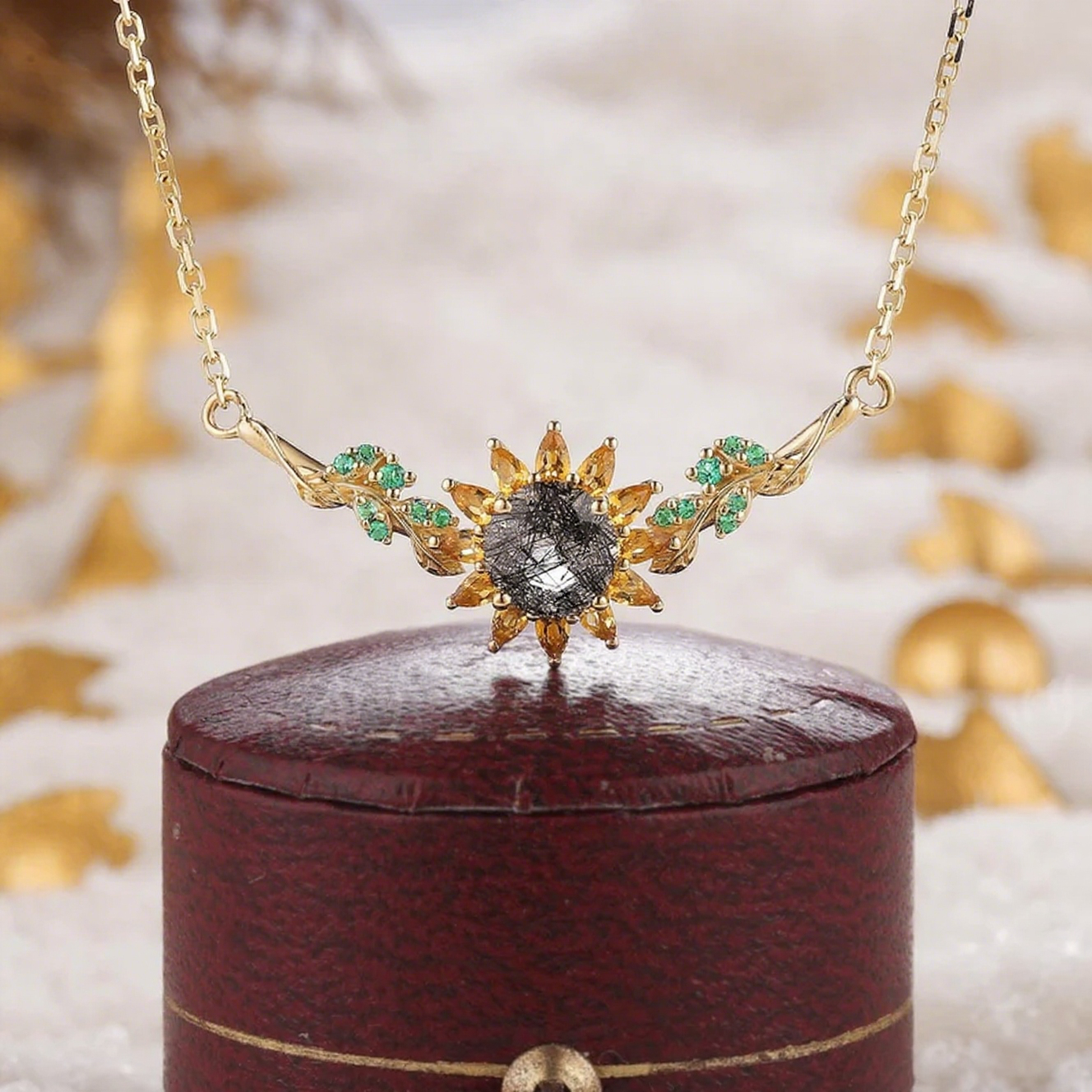 Eleanor Round Cut Black Rutilated Quartz Nature Sunflower Design Necklace