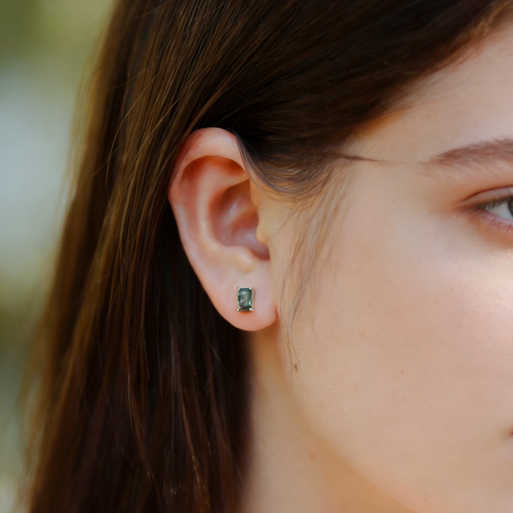 Mossgrove - Boucles d'oreilles solitaires classiques en agate mousse taille émeraude