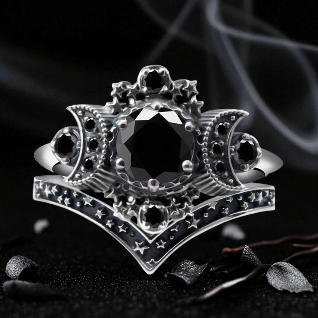 Pagan Triple Cresent Moon Godness Women Band Engagement Ring Set