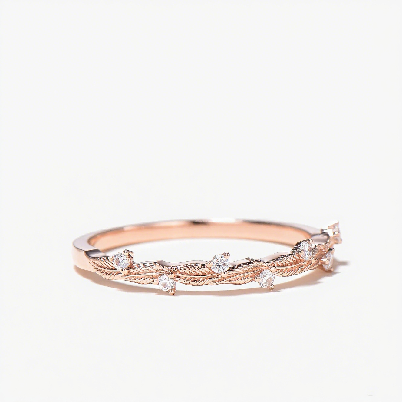 Round Cut Moissanite Leaf Half Eternity Wedding Band