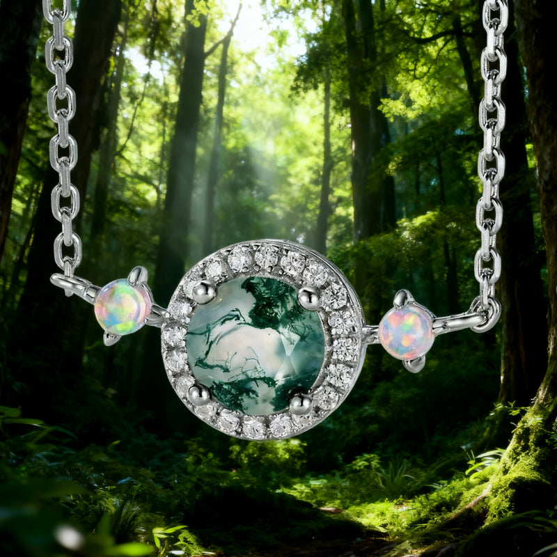 Prudence Round Cut Moss Agate Classic Necklace