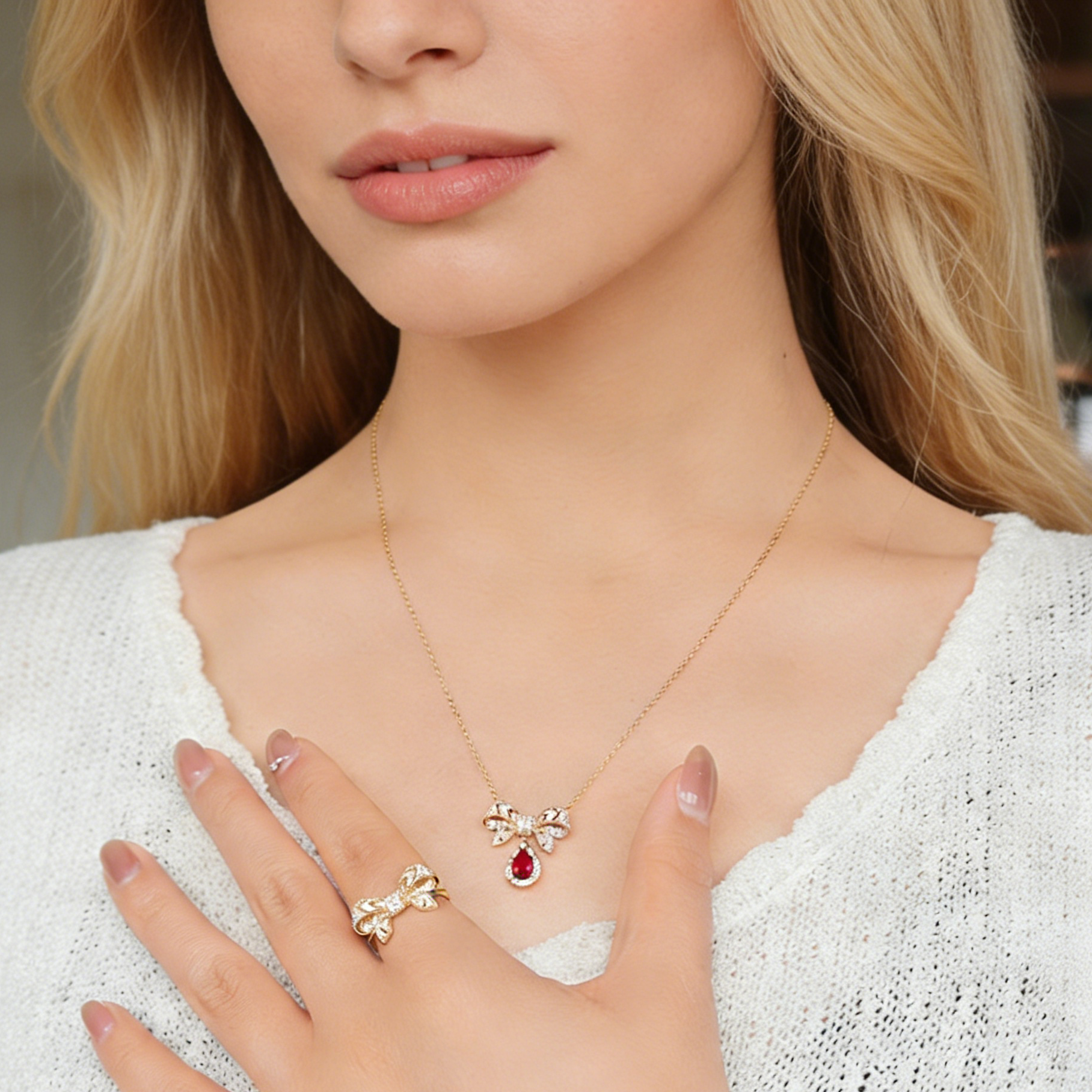 Collier élégant en rubis de laboratoire taille poire avec nœud papillon