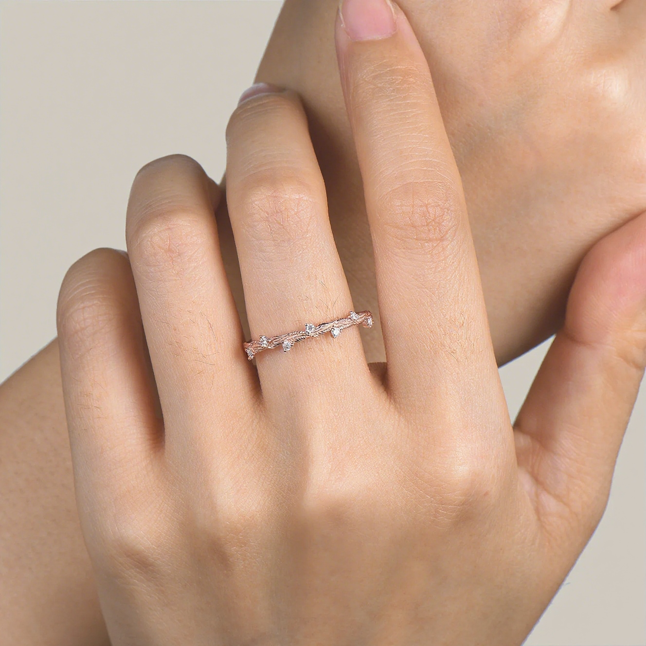 Round Cut Moissanite Leaf Half Eternity Wedding Band