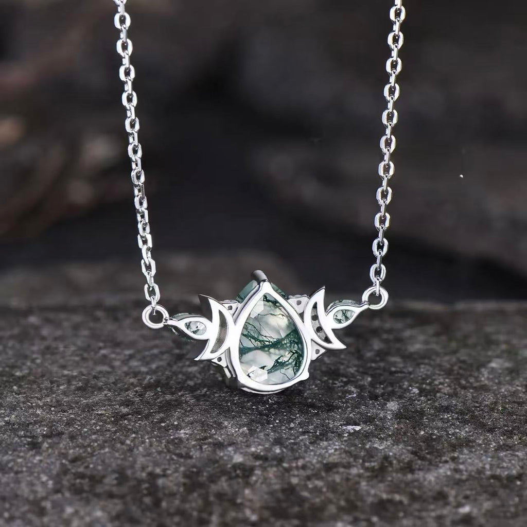 Pear Cut Moss Agate Galaxy Crescent Moon Pendant  - 'Minty'