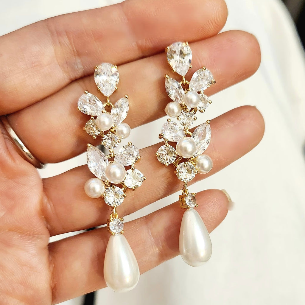 Nivea - Moissanite & Natural Pearl Teardrop Dangle Bridal Wedding Earrings