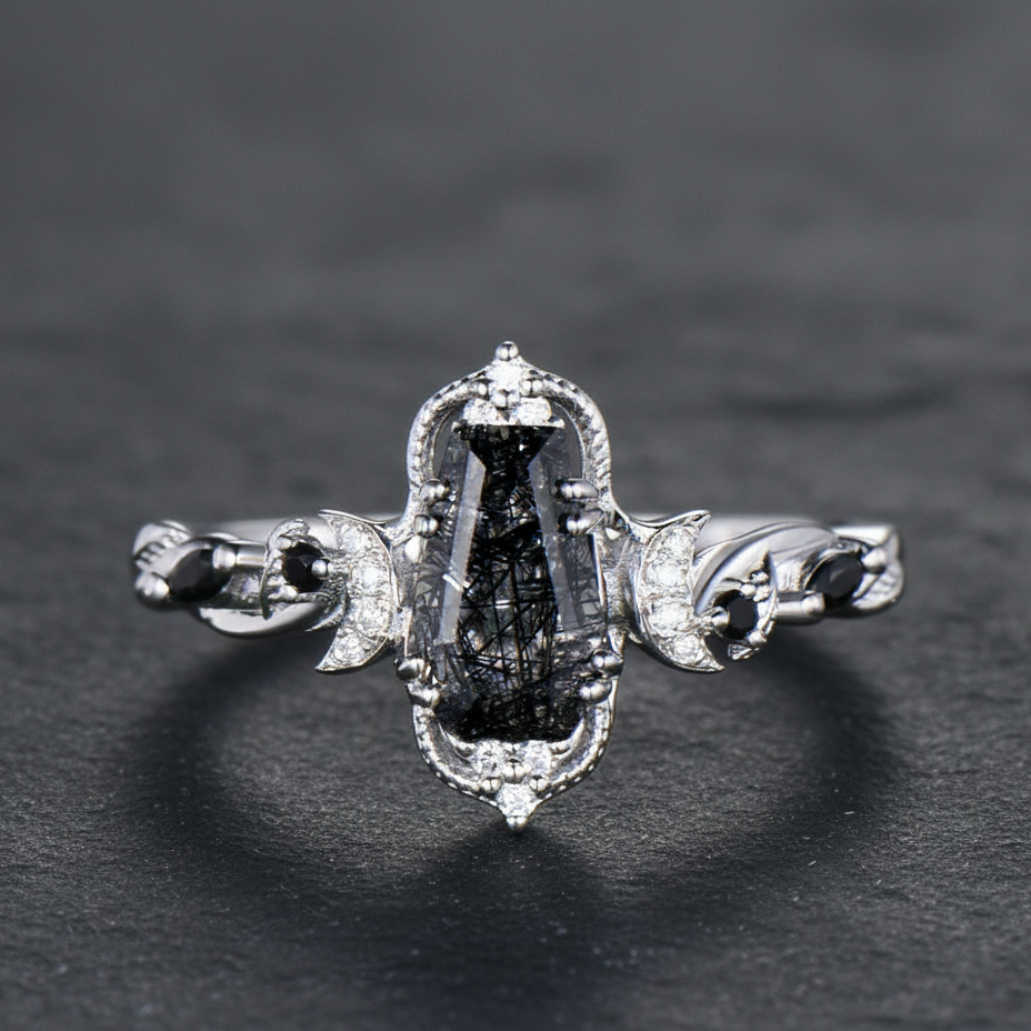 Antique Coffin Cut Black Rutilated Quartz Leaf Twisted Engagement Ring