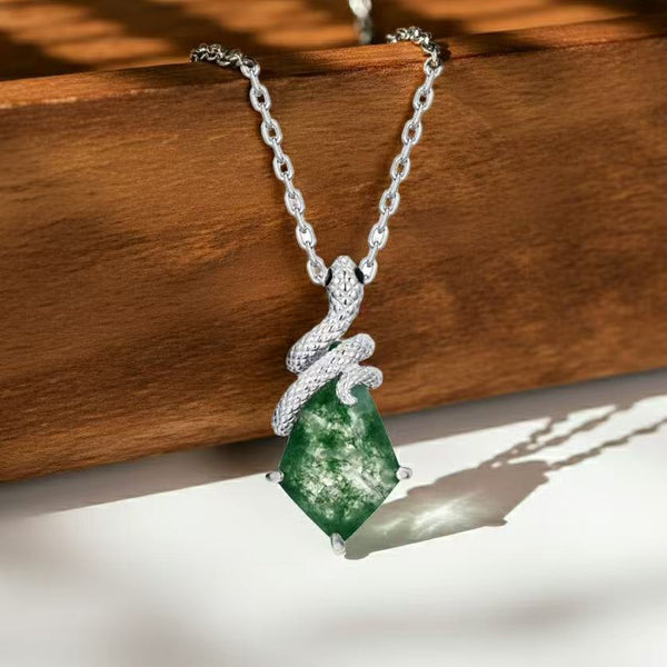 Kite Cut Moss Agate Mystical Serpent Carved Nature Inspired  Necklace