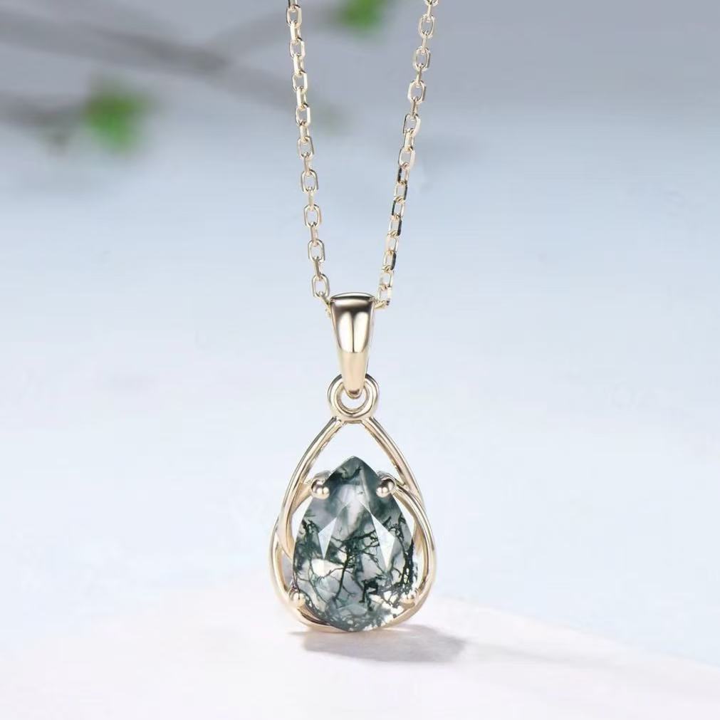 Pear Cut Moss Agate Classic Pendant - 'Millicent'