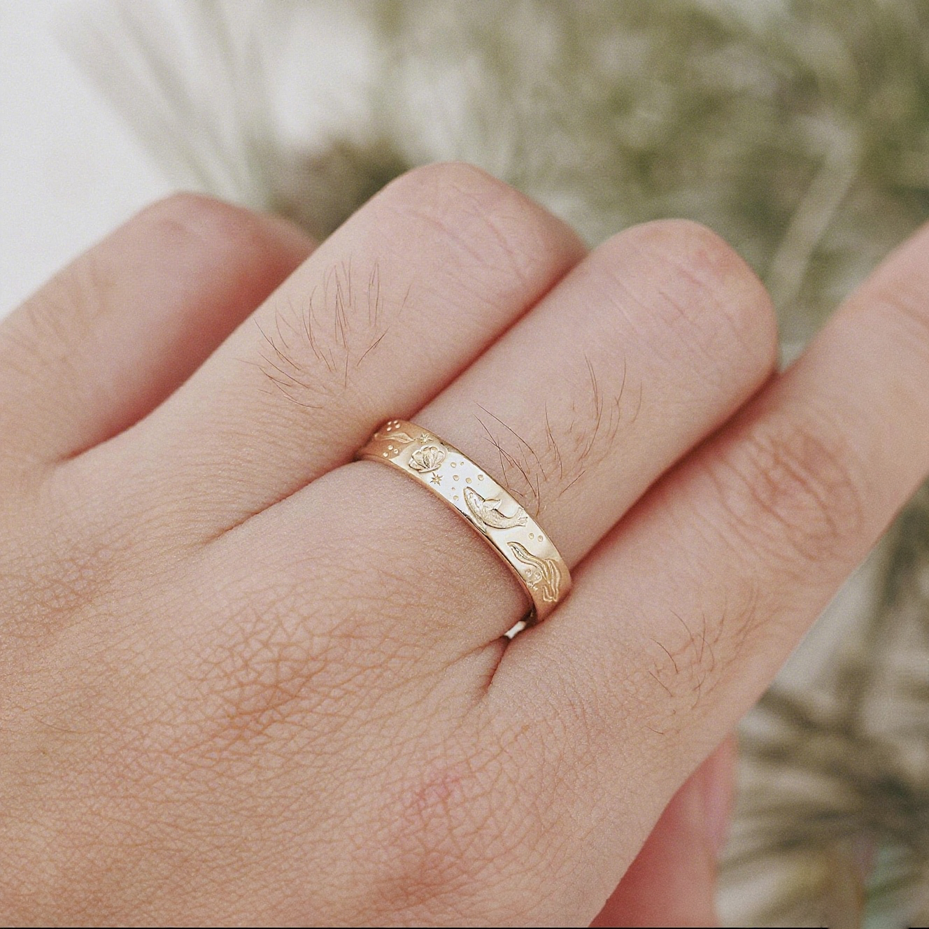 Whale Song 4MM Ocean Whale Inspired Engraving Solid Gold Mens Wedding Band