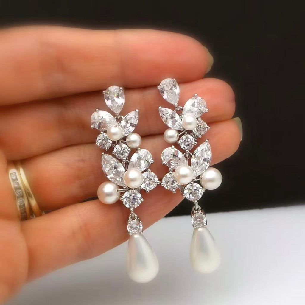 Nivea - Moissanite & Natural Pearl Teardrop Dangle Bridal Wedding Earrings