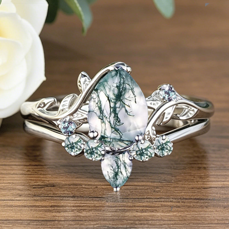 Women Vine Natural Pear Cut Moss Agate Engagement Ring Set