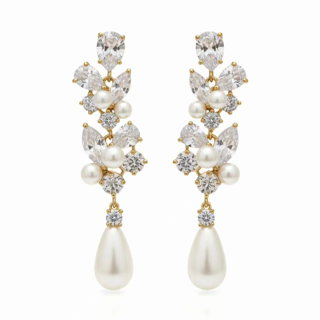 Nivea - Moissanite & Natural Pearl Teardrop Dangle Bridal Wedding Earrings