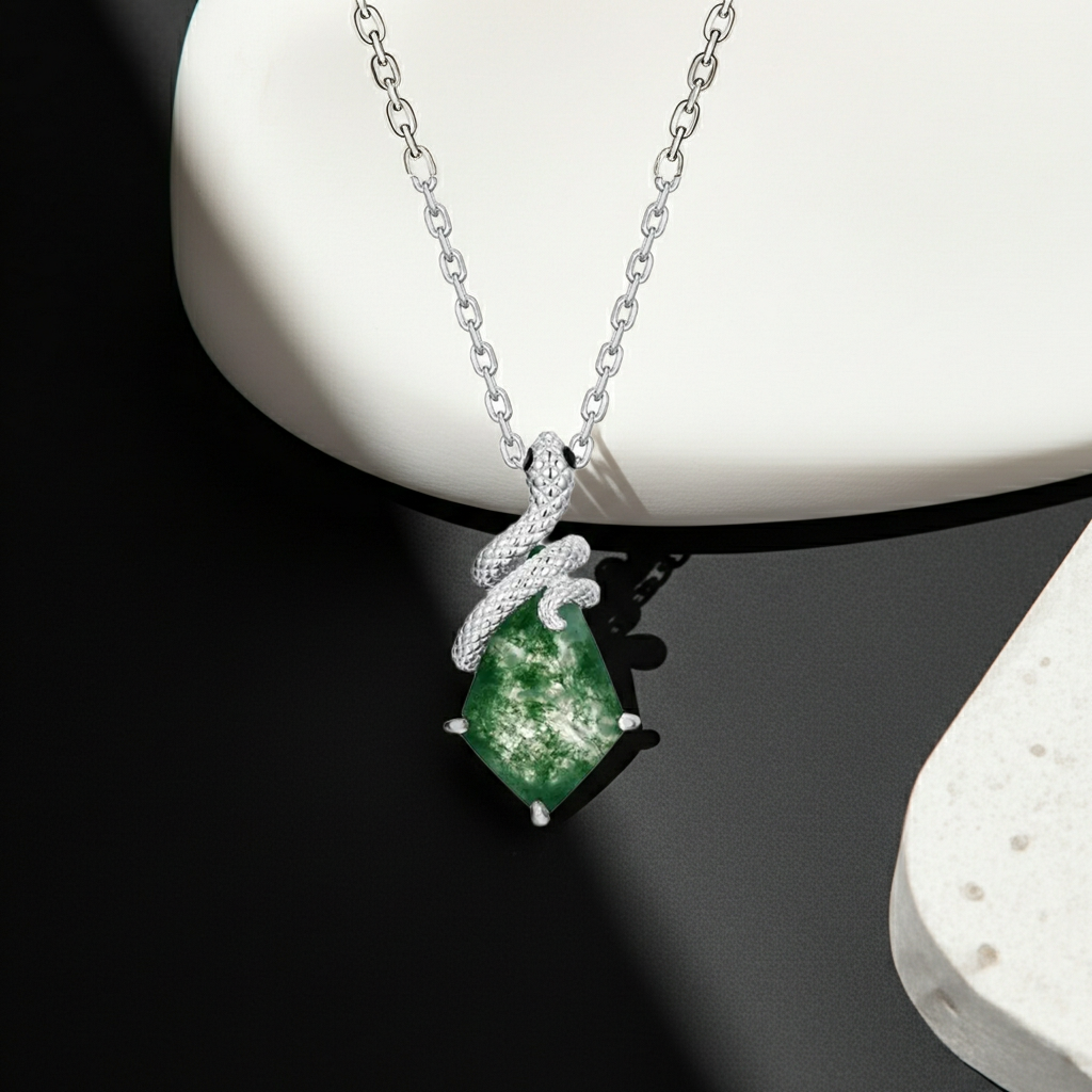 Kite Cut Moss Agate Mystical Serpent Carved Nature Inspired  Necklace