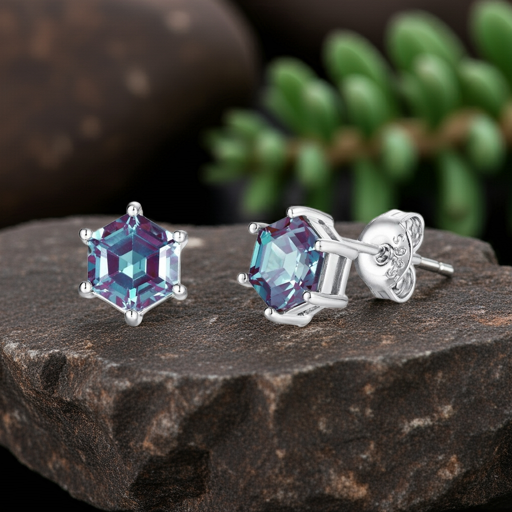Hexagon Cut Lab Alexandrite Classic Stud Earrings