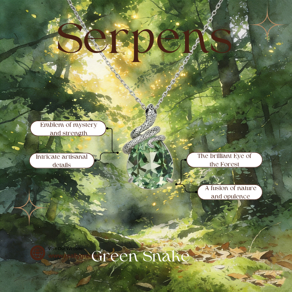 Pear Cut Lab Green Sapphire Mystical Serpent Carved Nature Inspired Necklace - Serpens