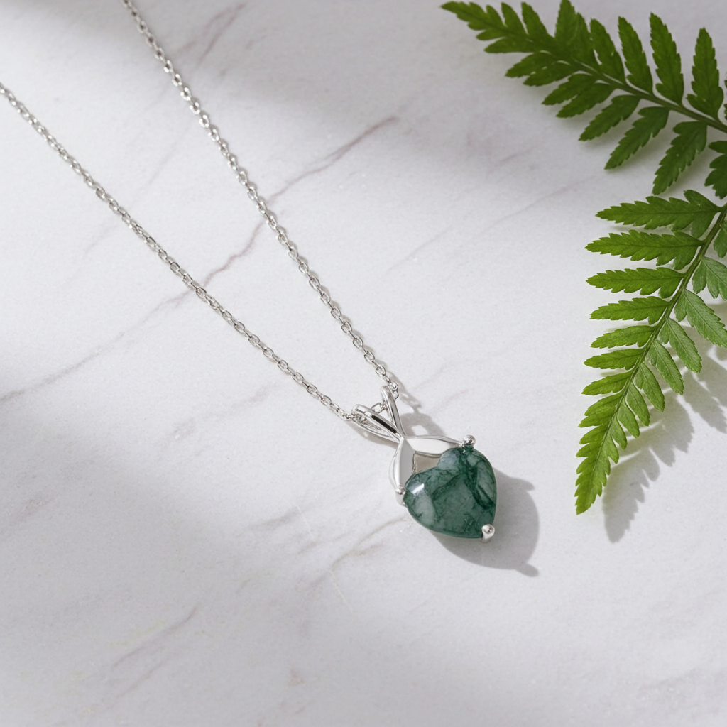 Collier classique en agate mousse taille cœur pour votre copine - Bryony