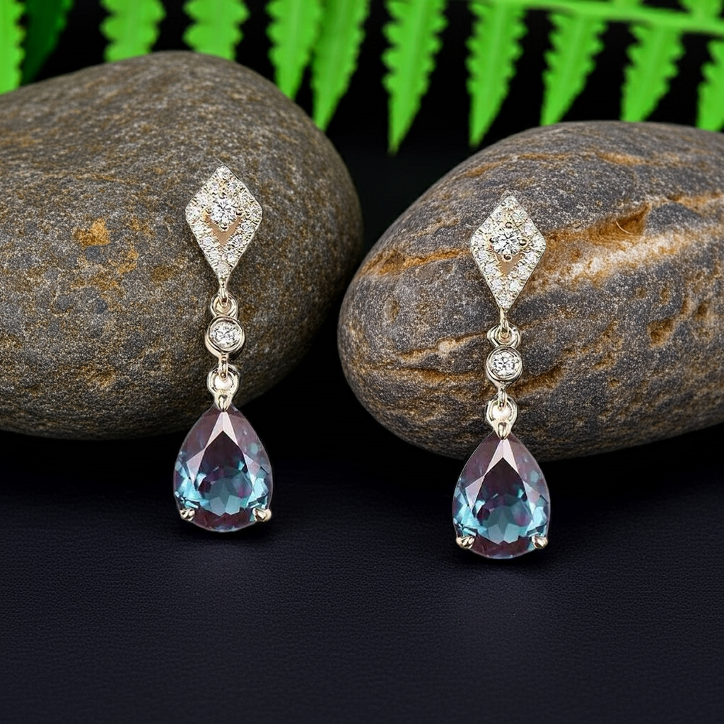 Pear Cut Color-change Lab Alexandrite & Moissanite Classic Drop Earrings