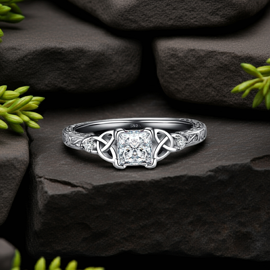 Eternal Knot – Princess Cut Moissanite Solitaire Vintage Celtic Knot Engagement Ring