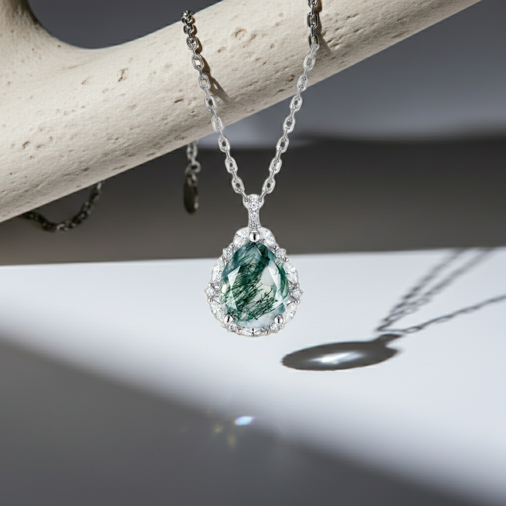 Pear Cut Moss Agate Halo Necklace for Girlfriend - 'Forest Halo'