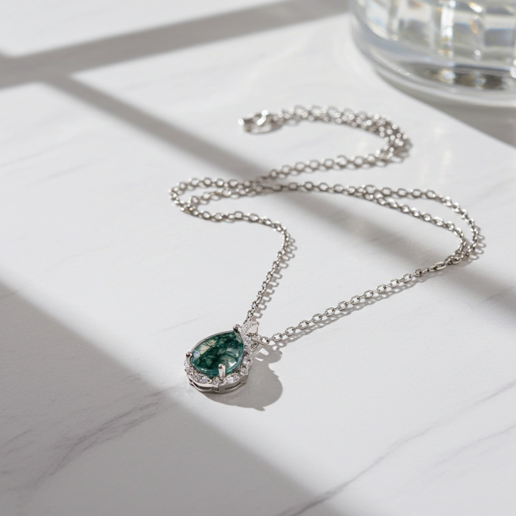 Pear Cut Moss Agate Halo Necklace for Girlfriend - 'Forest Halo'