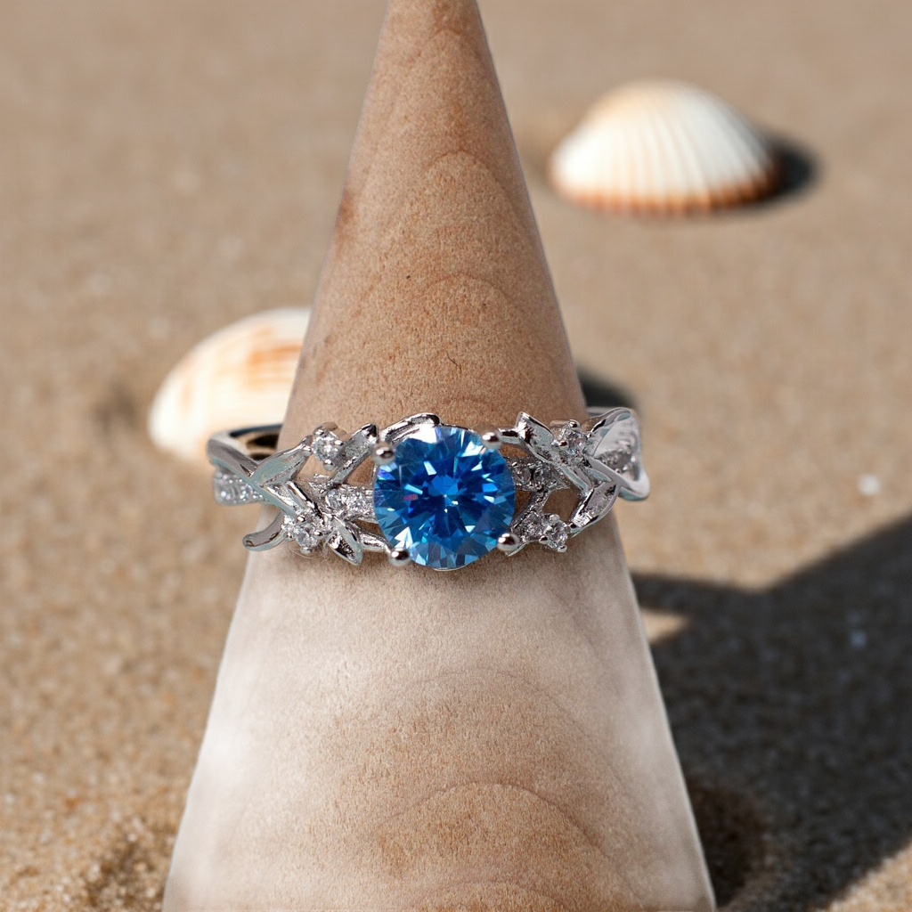 Ocean Whisper – Round Cut Blue Stone & Moissanite Stackable Engagement Ring