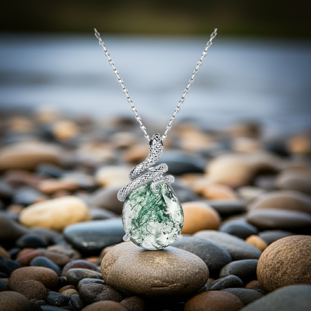 Pear Cut Moss Agate Mystical Serpent Carved Nature Inspired  Necklace