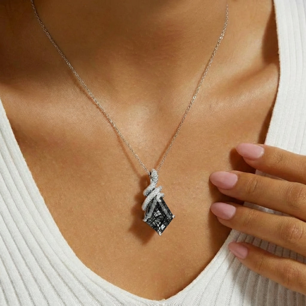 Kite Cut Black Rutilated Quartz Mystical Serpent Carved Nature Inspired Necklace