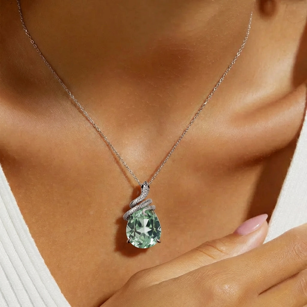 Pear Cut Lab Green Sapphire Mystical Serpent Carved Nature Inspired Necklace - Serpens