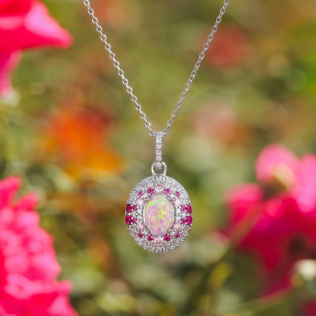Collier Selene avec halo d'opale rose taille ovale