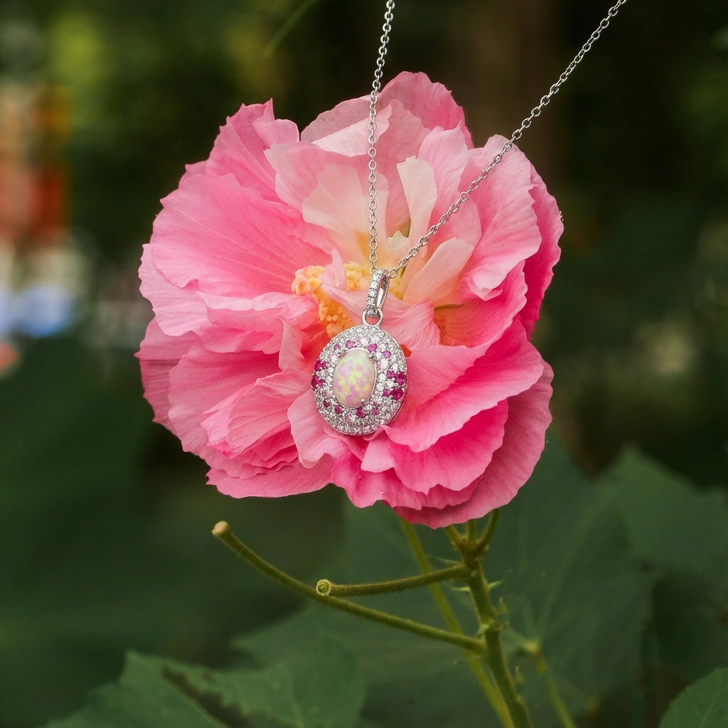 Collier Selene avec halo d'opale rose taille ovale