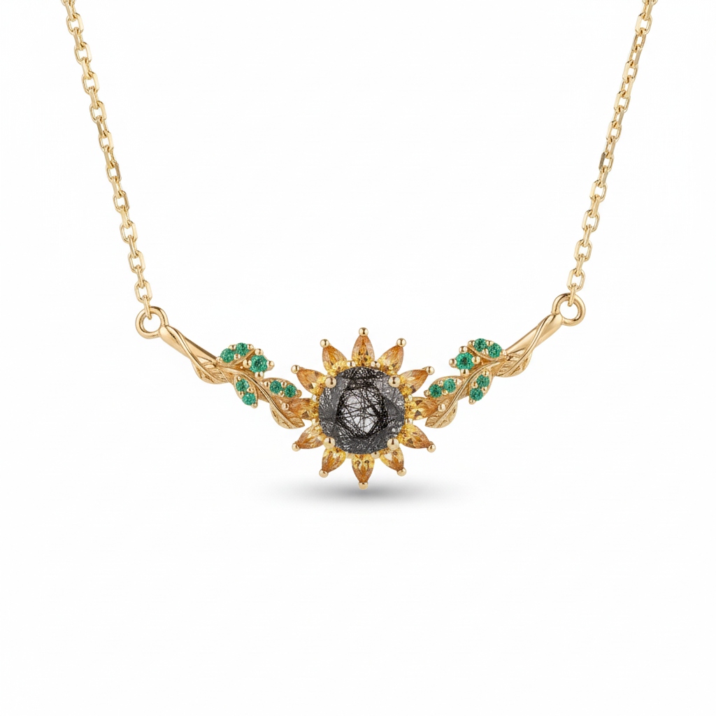 Eleanor Round Cut Black Rutilated Quartz Nature Sunflower Design Necklace
