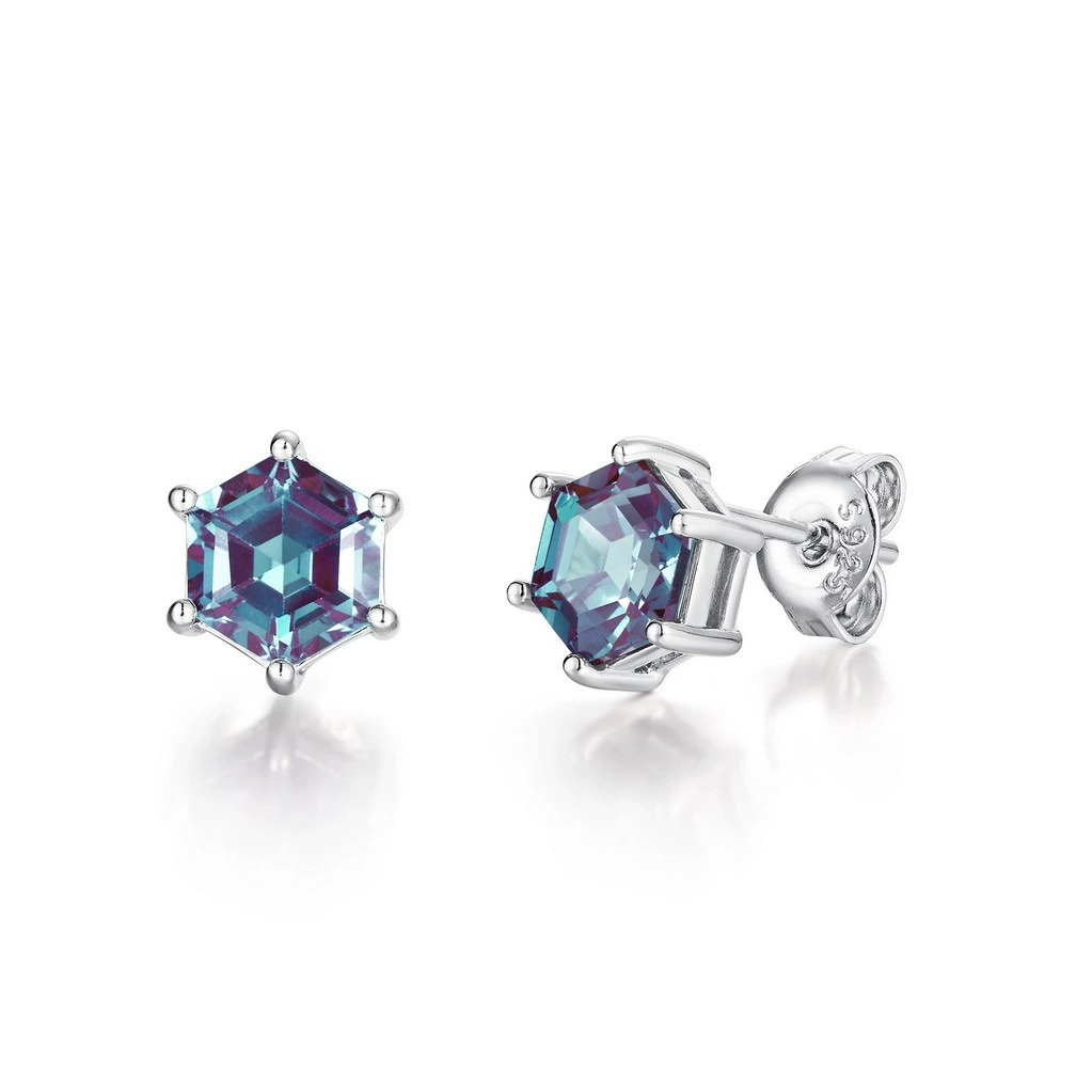 Hexagon Cut Lab Alexandrite Classic Stud Earrings