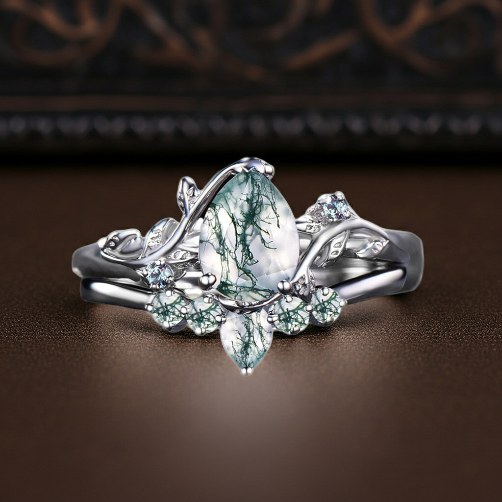 Women Vine Natural Pear Cut Moss Agate Engagement Ring Set