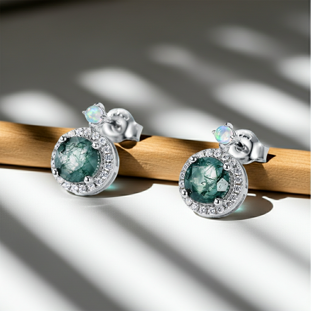 Boucles d'oreilles puces en agate mousse taille ronde EmberMoss