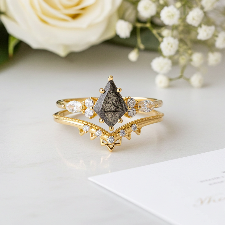 Kite Cut Black Rutilated Quartz Vintage Bridal Ring Set
