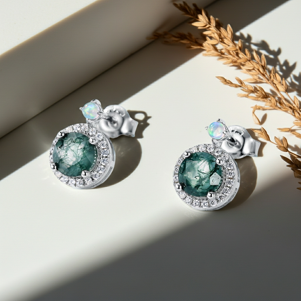 Boucles d'oreilles puces en agate mousse taille ronde EmberMoss