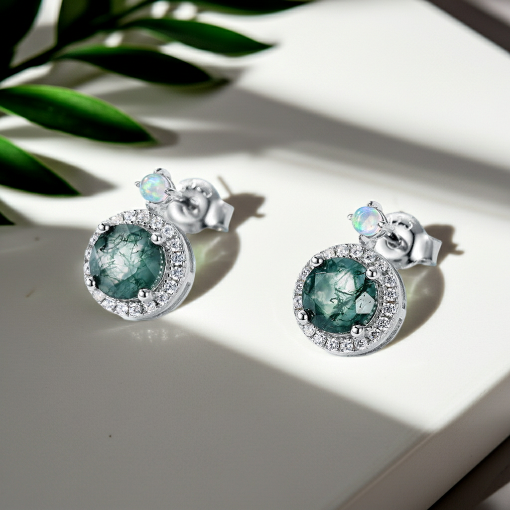 Boucles d'oreilles puces en agate mousse taille ronde EmberMoss