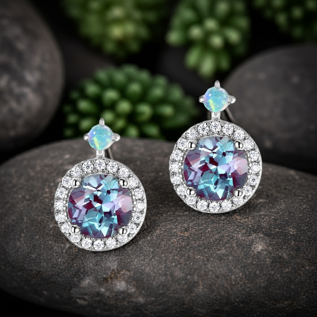 Round Cut Lab Alexandrite Halo Grace Stud Earrings