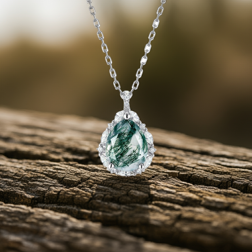 'Forest Halo' Pear Cut Moss Agate Halo Necklace