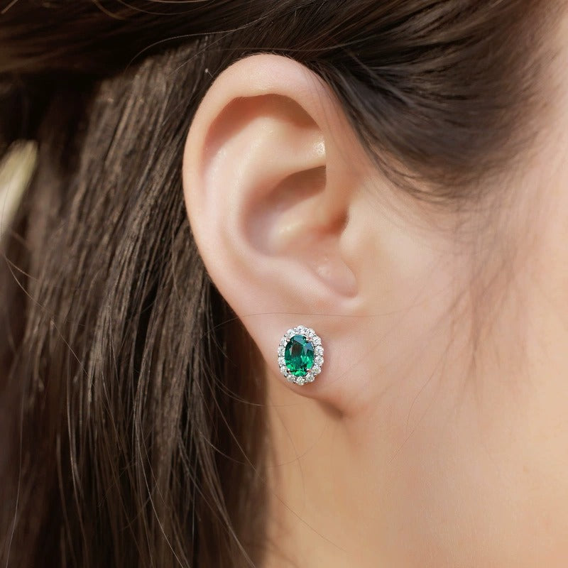 Oval Cut Lab Emerald Antique Halo Stud Earrings