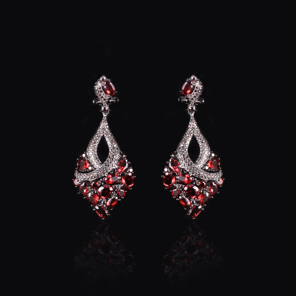 Oval Cut Natural Garnet Vintage Cluster Drop Earrings Gothic Black Gold Plated Earrings
