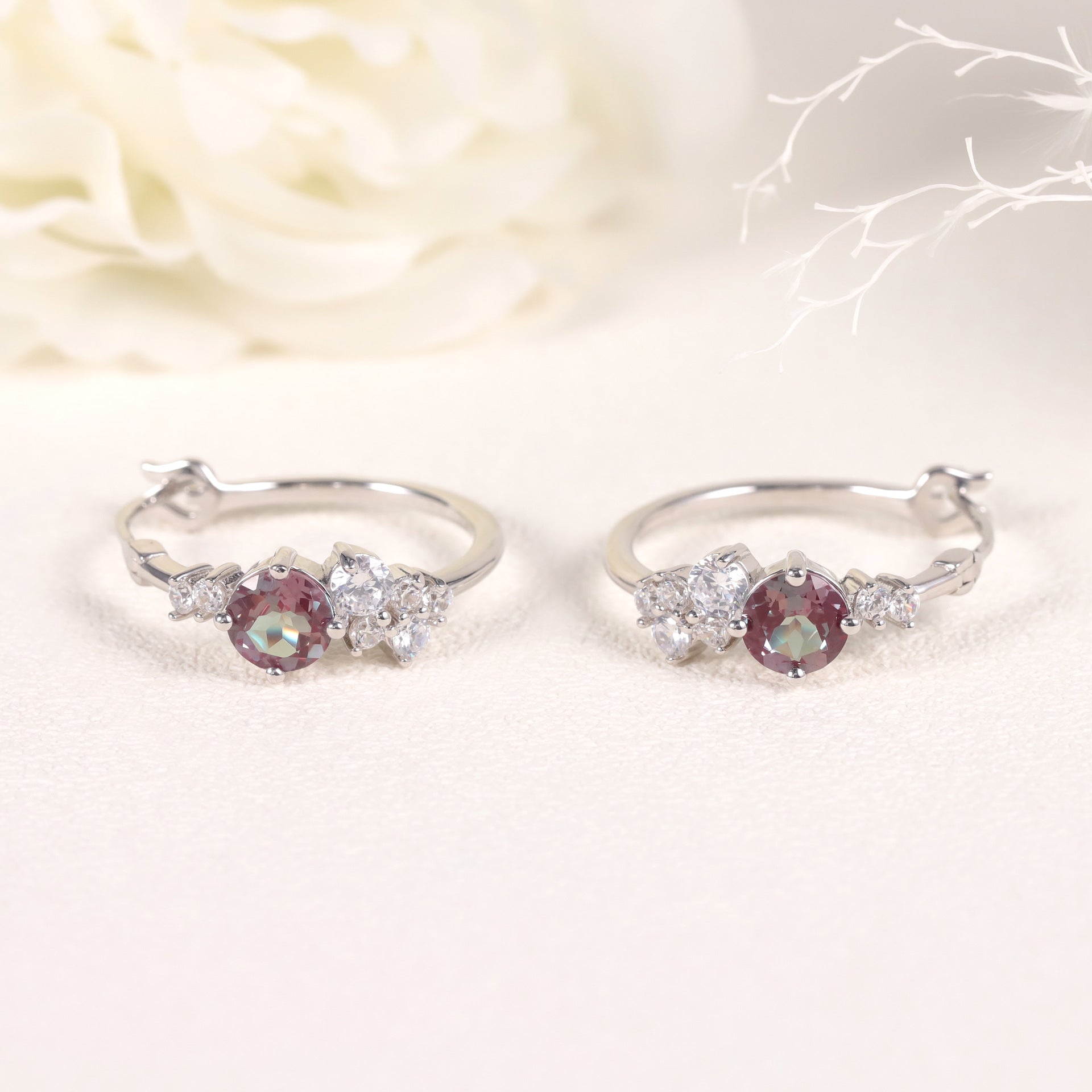 Round Cut Color-change Lab Alexandrite Minimalist Hoop Earrings